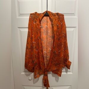Free People Sheer Orange Floral Tie-Front Blouse
